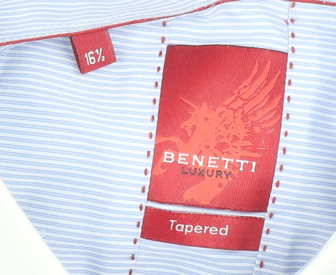 Benetti Luxury Men Blue 16.5 Tapered Long Sleeve Cotton Shirt