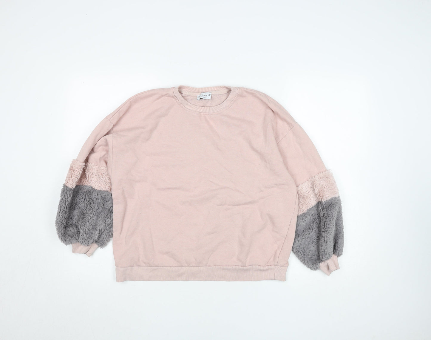 Pull&Bear Womens Pink Grey Faux Fur Sleeve Sweatshirt XS Relaxed Fit