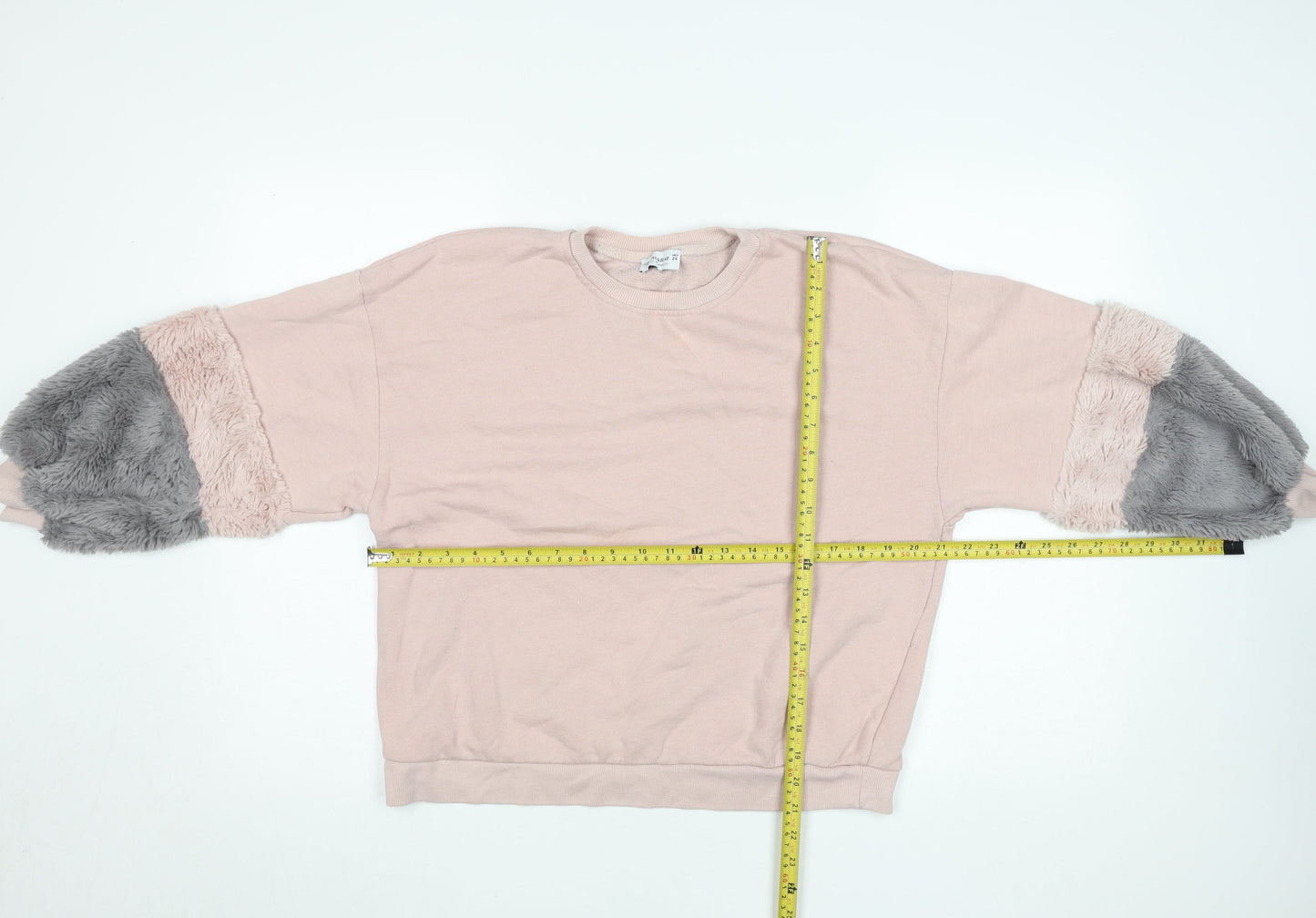 Pull&Bear Womens Pink Grey Faux Fur Sleeve Sweatshirt XS Relaxed Fit