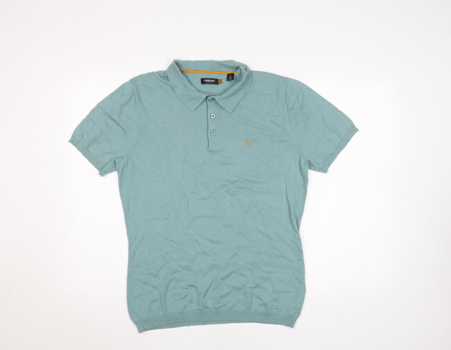 Farah Vintage Men's Green Knit Polo Shirt L Short Sleeve Collared