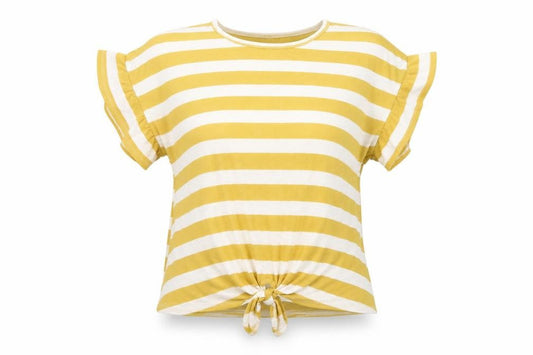 Melloday Women’s Yellow Striped Tie-Front Short Sleeve Cotton T-Shirt Size S