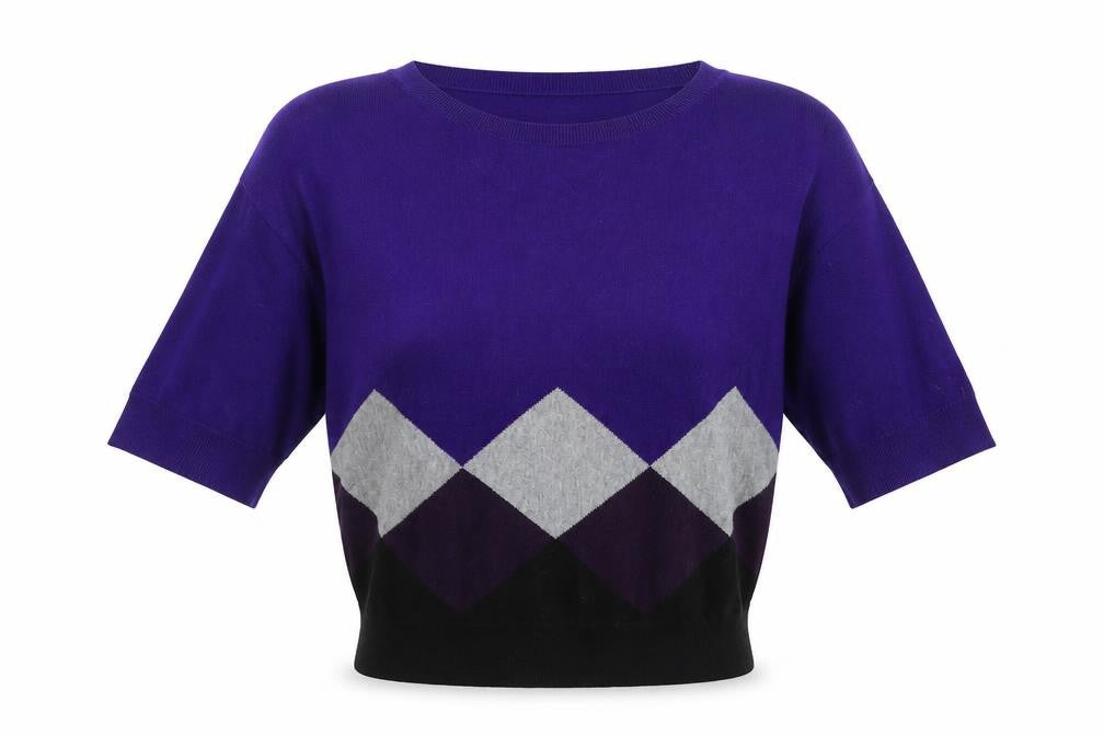 Phase Eight Womens Purple Argyle Knit Short Sleeve Relaxed Jumper XS