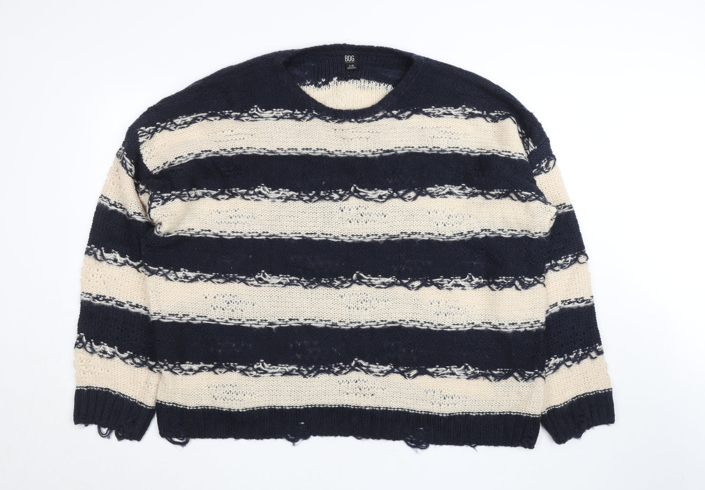 BDG Men Blue Cream Striped Open-Knit Pullover Jumper L