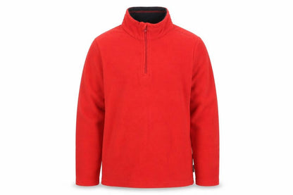 Front view of Quechua boys’ red fleece basic jacket 12 years 1/4 zip hiking top