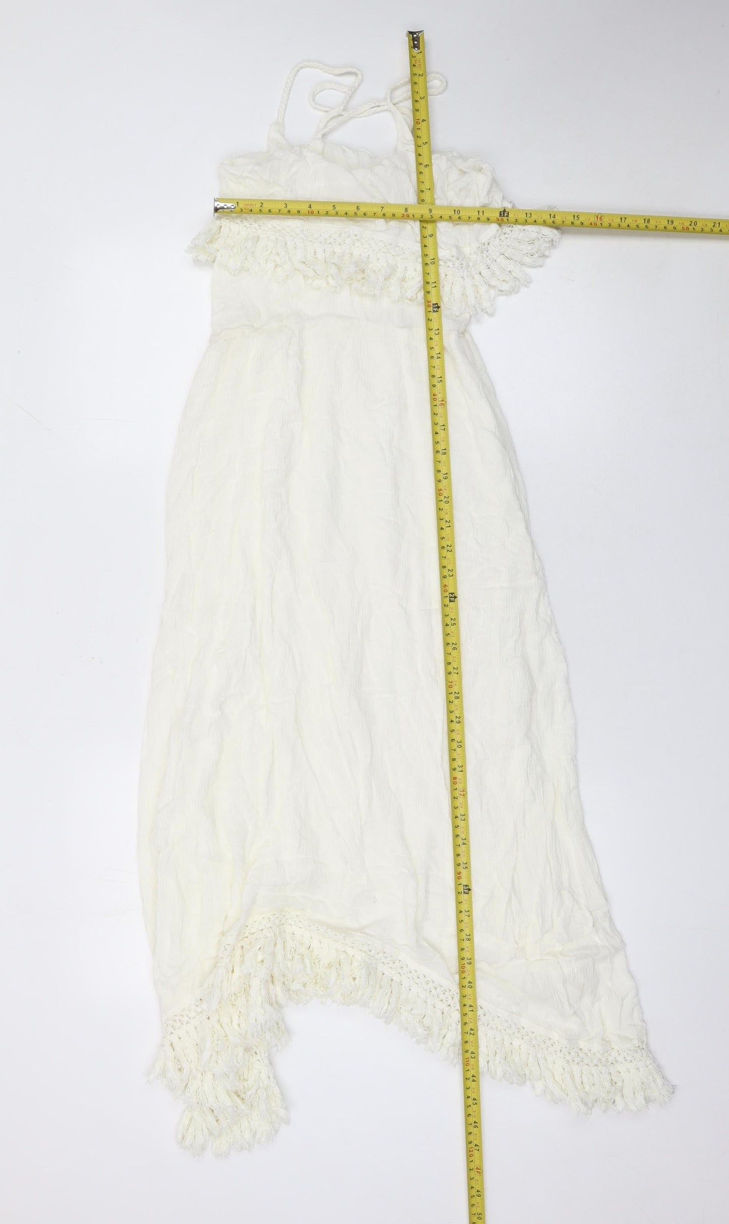 Jennyfer Women Ivory Crochet Fringe Boho Midi Slip Dress Size S