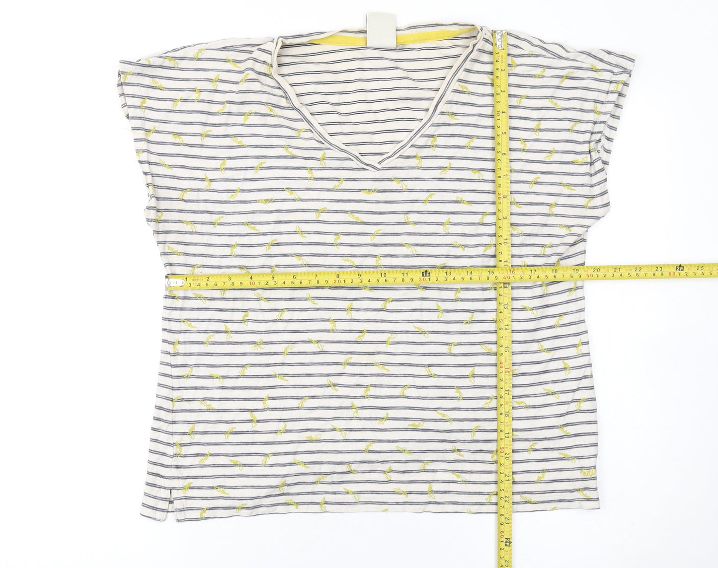 Weird Fish Womens White Striped V-Neck Cotton T-Shirt Size 14