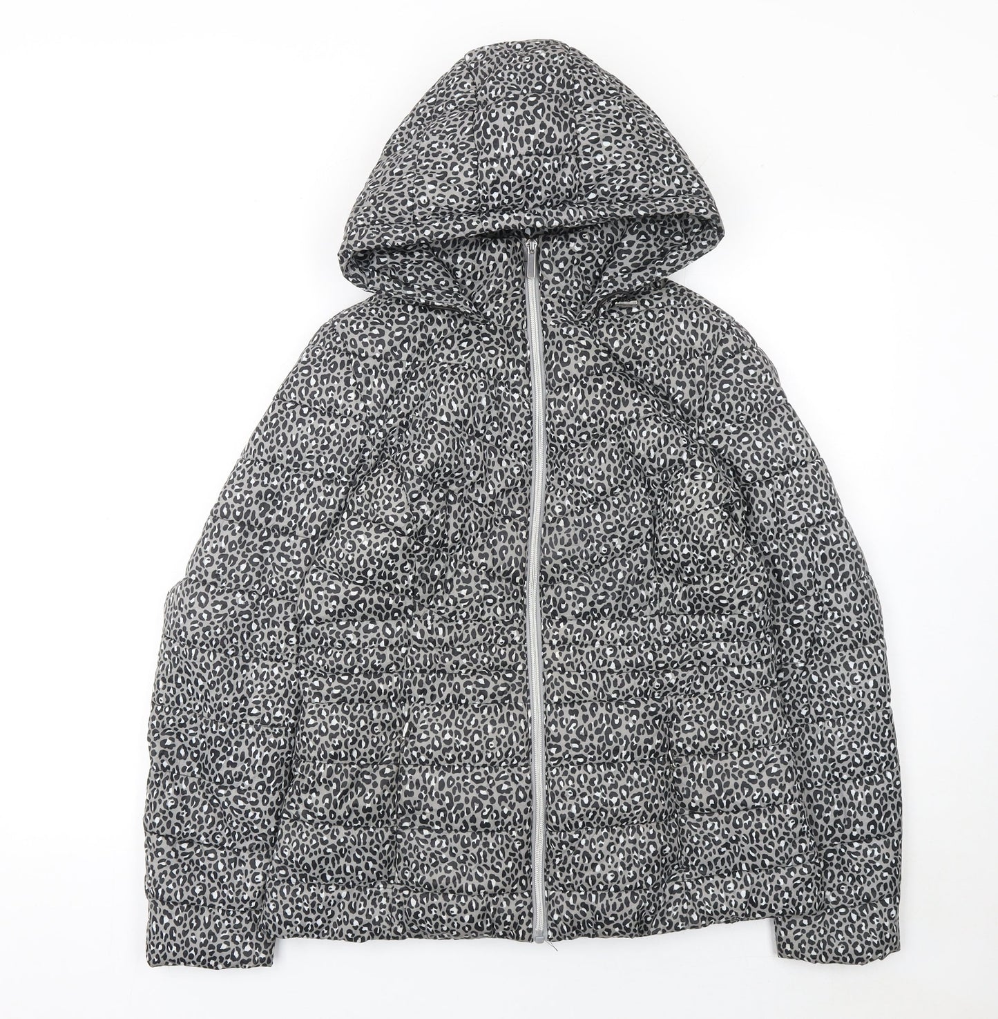 F&F Women’s Grey Leopard Print Hooded Puffer Jacket Size 10