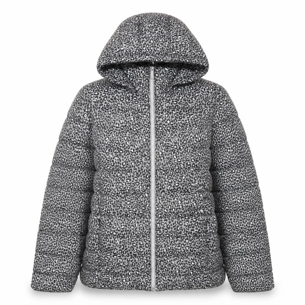 F&F Women’s Grey Leopard Print Hooded Puffer Jacket Size 10