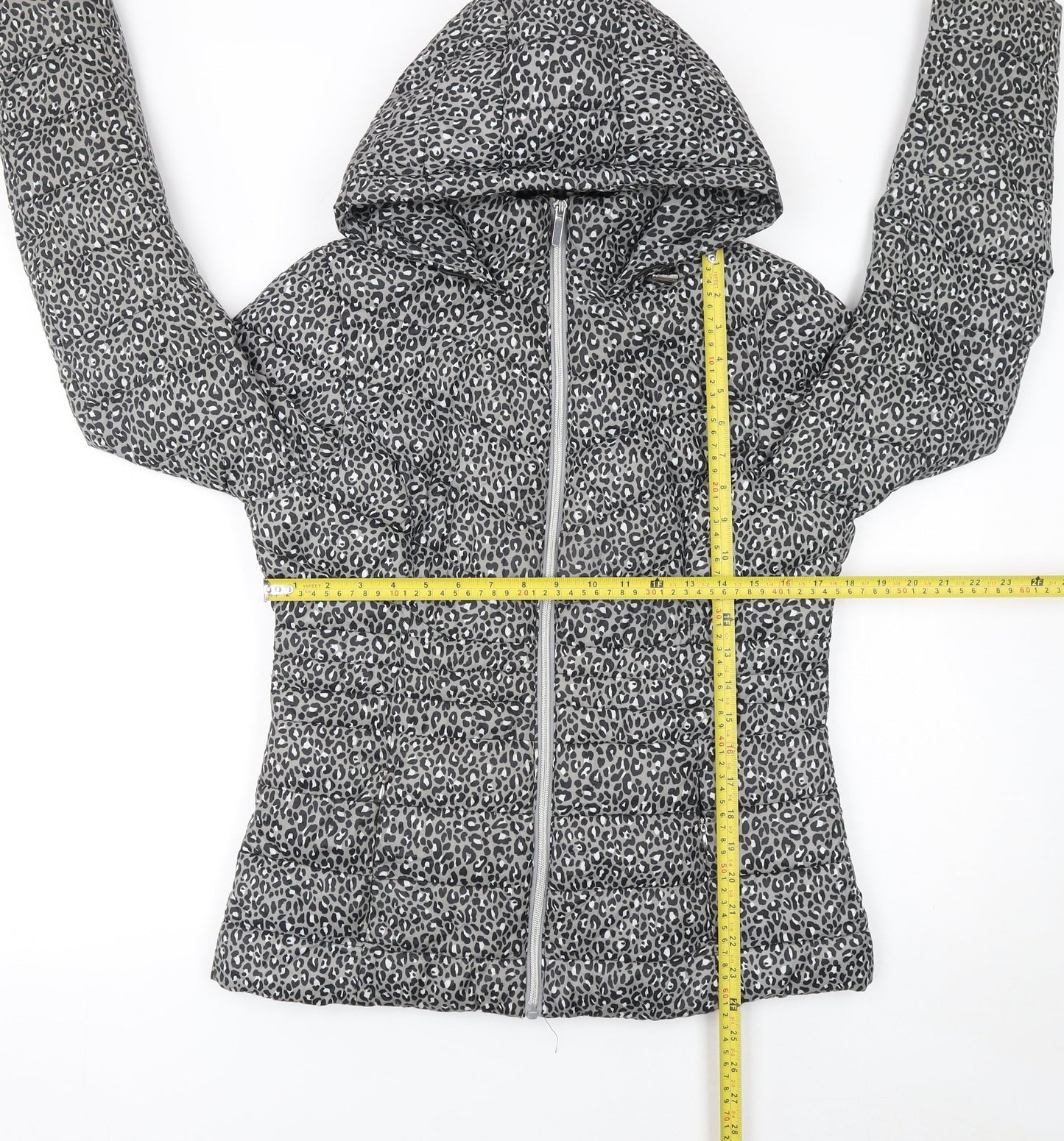 F&F Women’s Grey Leopard Print Hooded Puffer Jacket Size 10