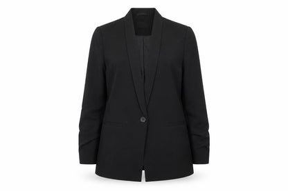 Front view of ASOS Design women’s black longline single-breasted suit blazer uk 16