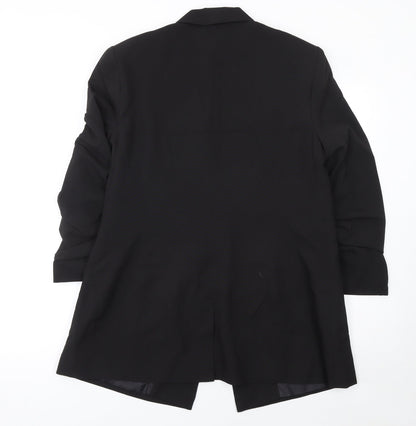 Close-up detail of ASOS Design women’s black longline single-breasted suit blazer uk 16