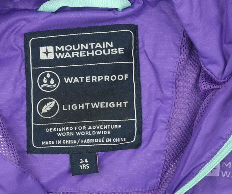 Mountain Warehouse Girls Purple Waterproof Lightweight Hooded Rain Jacket 3-4 Years
