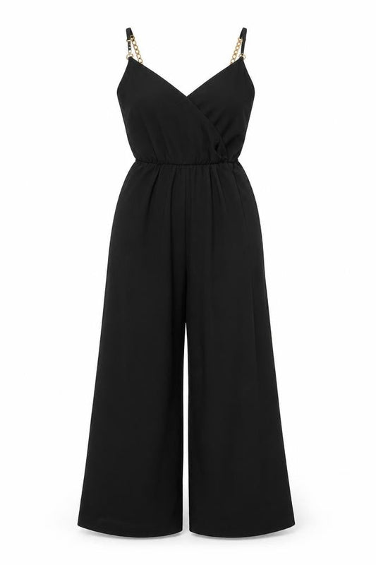 Front view of Dunnes Women's Black Small Wide-Leg Jumpsuit with Gold Chain Straps