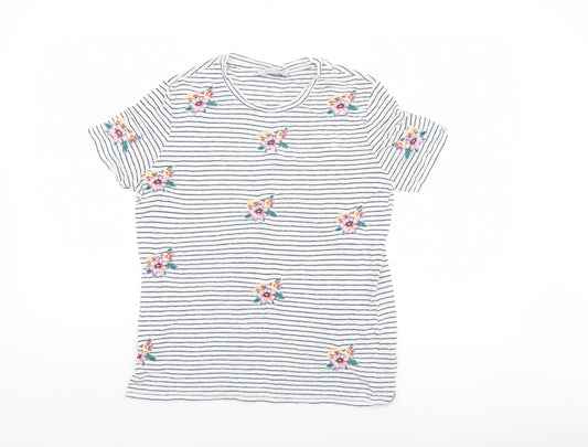 Marks and Spencer Women’s Ivory Floral Embroidered Striped T-Shirt Size 10