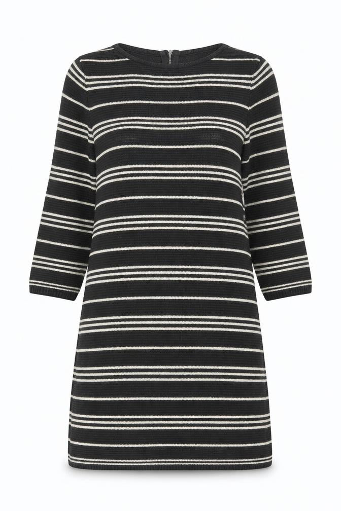 Monsoon Women Black Stripe Knit Shift Dress M 3/4 Sleeve