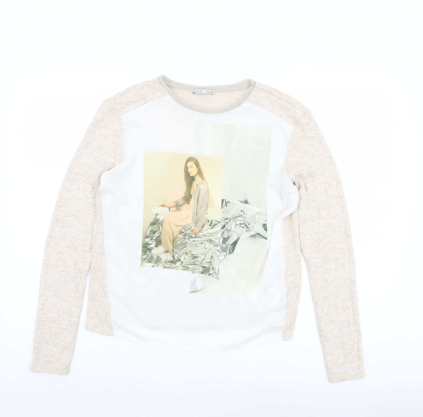 Zara Women Beige Long Sleeve Art Print Jersey T-Shirt Size S