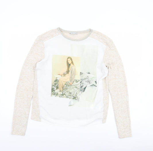 Zara Women Beige Long Sleeve Art Print Jersey T-Shirt Size S