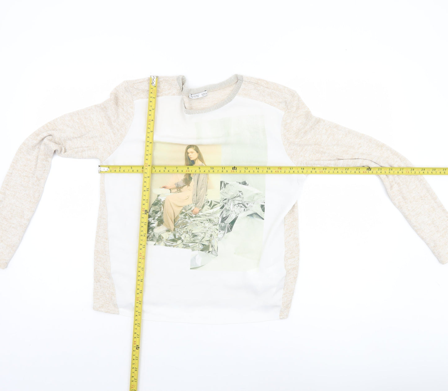 Zara Women Beige Long Sleeve Art Print Jersey T-Shirt Size S