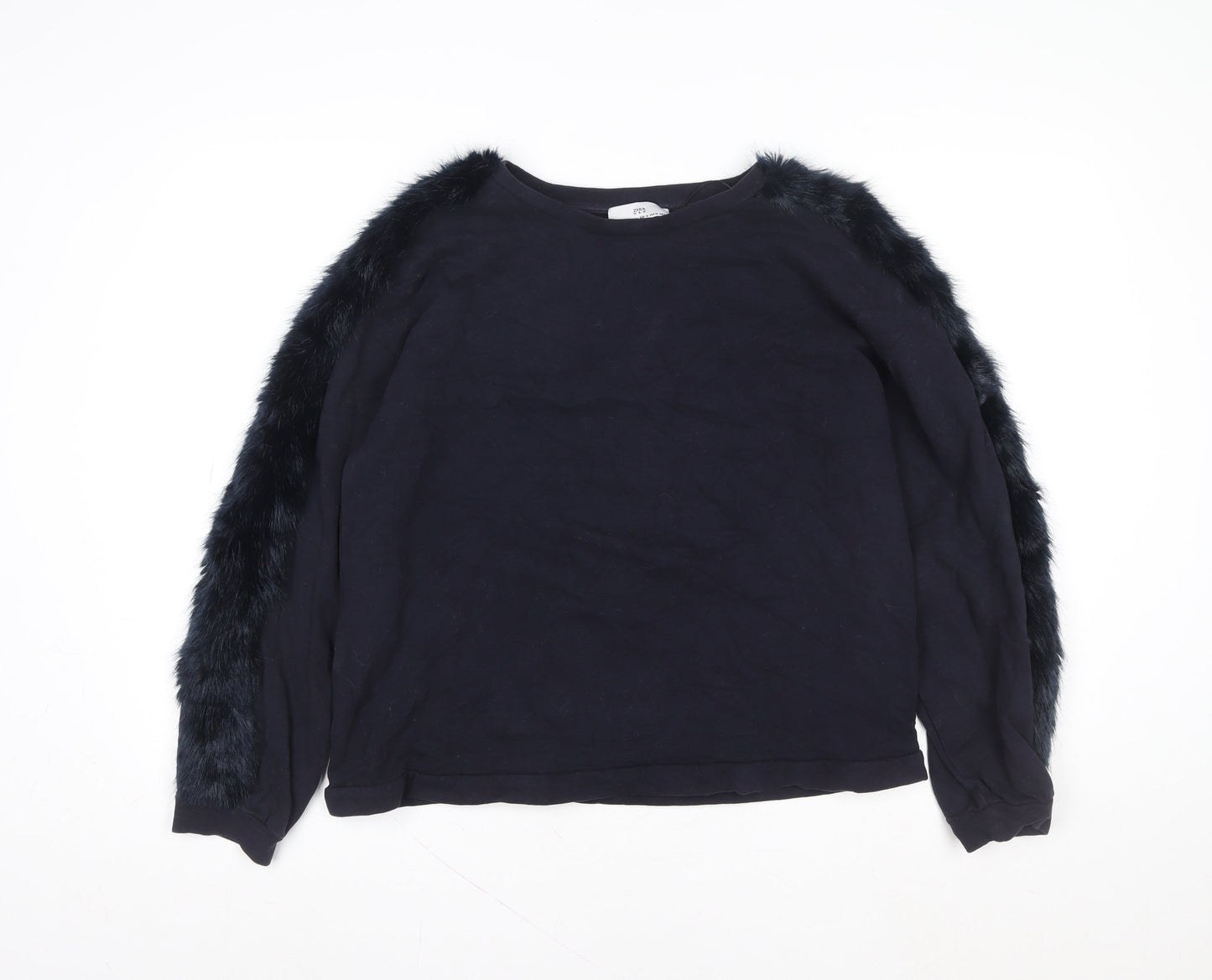 Zara Women Black Faux Fur Trimmed Pullover Sweatshirt Size 12
