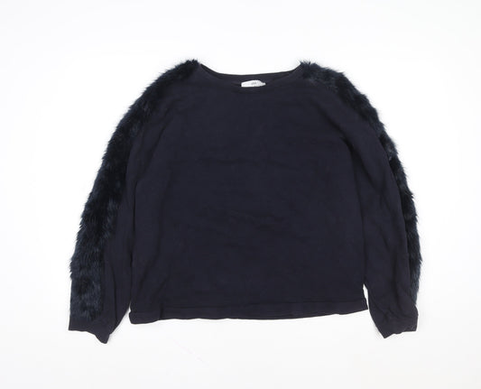 Zara Women Black Faux Fur Trimmed Pullover Sweatshirt Size 12
