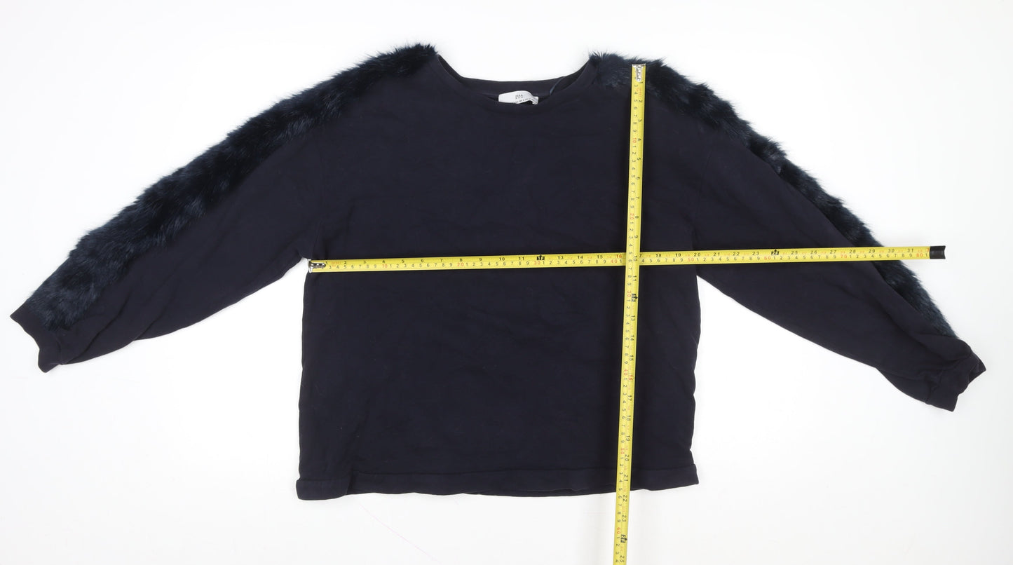 Zara Women Black Faux Fur Trimmed Pullover Sweatshirt Size 12