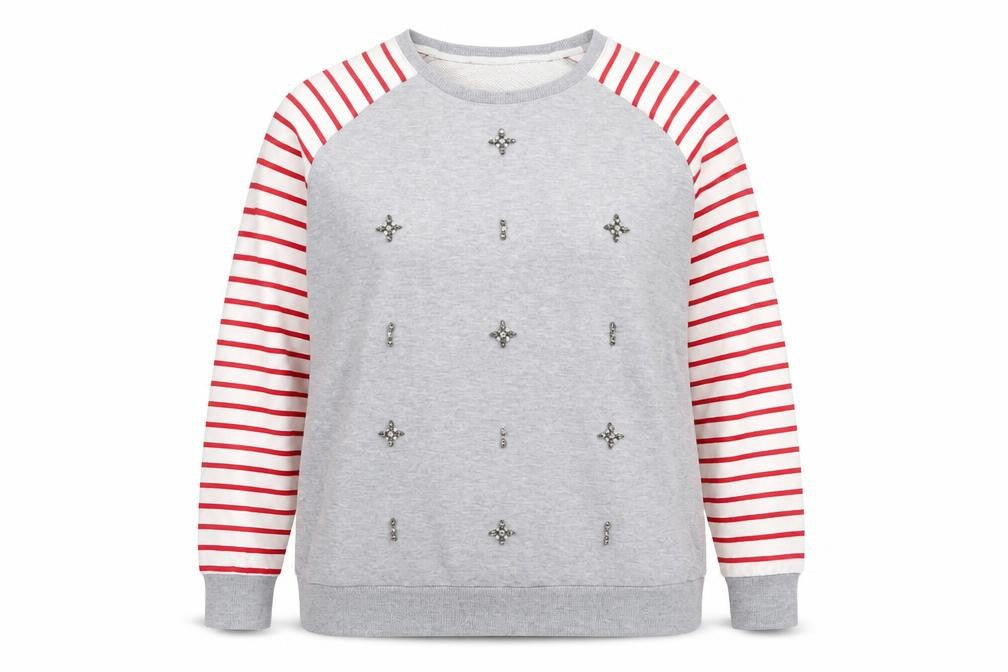 Rose & Rose Women's Grey Embellished Striped Sleeve Sweatshirt Small