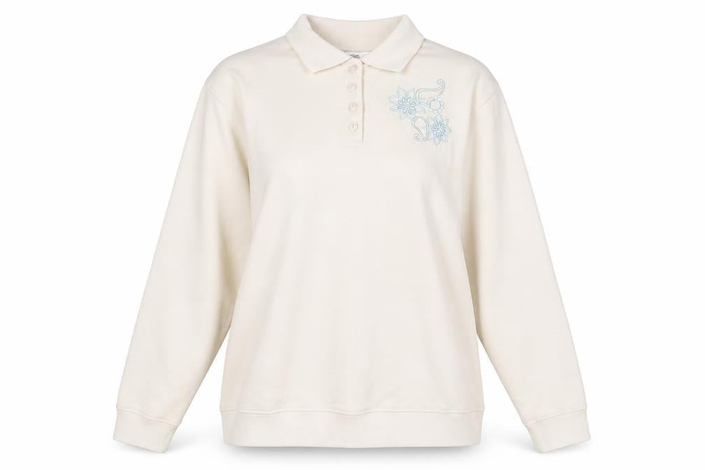 EWM Pure Classics Women's Beige Embroidered Henley Sweatshirt Size L 18-20