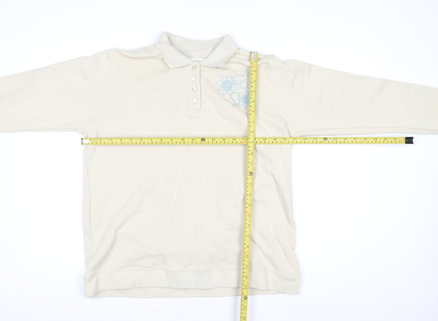 EWM Pure Classics Women's Beige Embroidered Henley Sweatshirt Size L 18-20