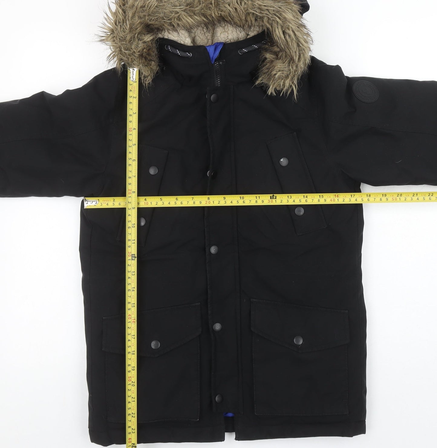 Jack & Jones Boys Black Parka Coat 152cm Hooded Faux Fur Trim Winter Jacket