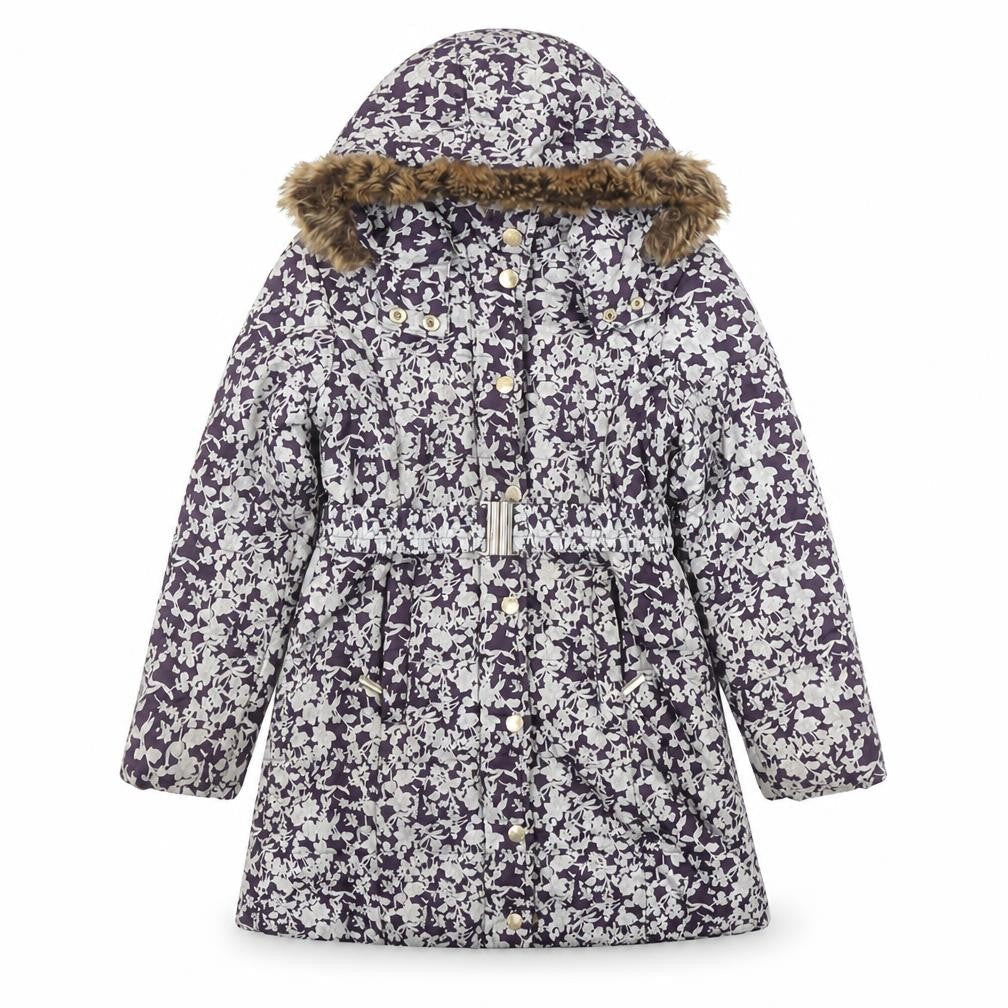 Feraud Girls Purple Floral Puffer Coat 6-7 Years Hooded Faux Fur Winter Jacket