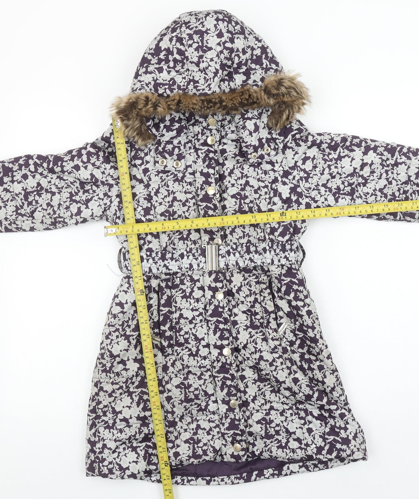 Feraud Girls Purple Floral Puffer Coat 6-7 Years Hooded Faux Fur Winter Jacket