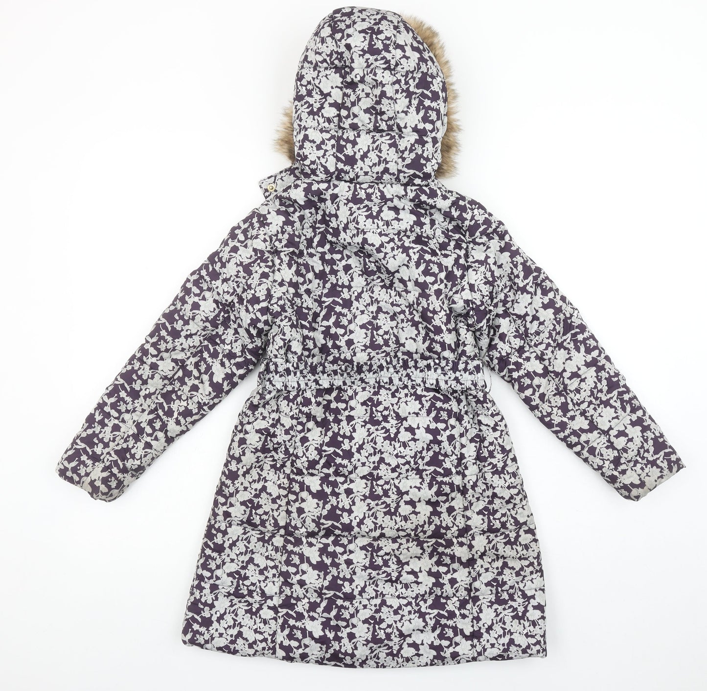 Feraud Girls Purple Floral Puffer Coat 6-7 Years Hooded Faux Fur Winter Jacket