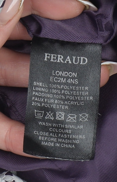Feraud Girls Purple Floral Puffer Coat 6-7 Years Hooded Faux Fur Winter Jacket