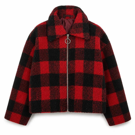 PRETTYLITTLETHING Women Red Check Fleece Cropped Bomber Jacket Size 12