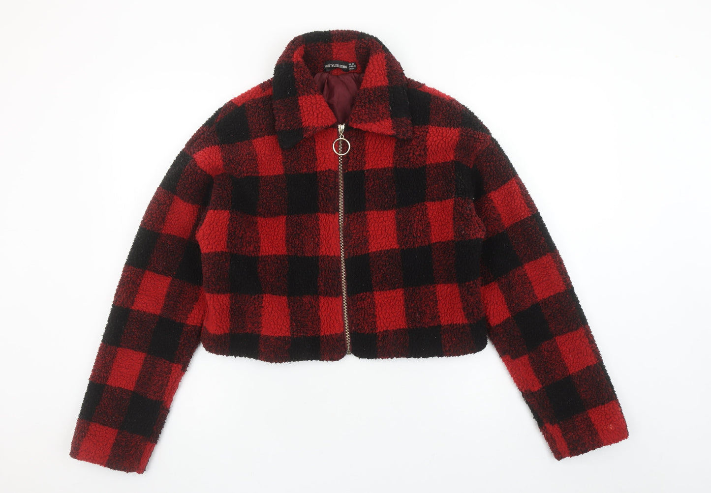 PrettyLittleThing Women Red Check Fleece Cropped Bomber Jacket Size 12