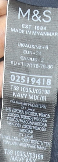 Marks & Spencer Women's Navy Blue Blazer Size 6 Wool Mix Smart Jacket