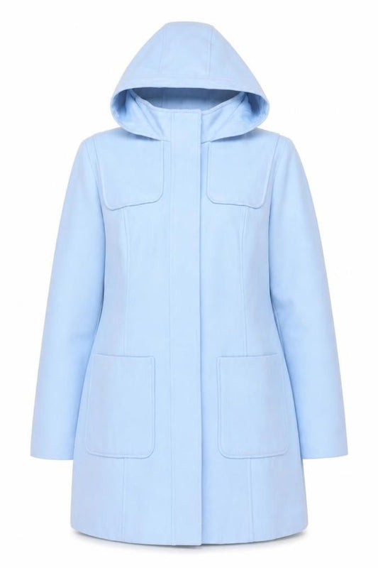 Damart Women Blue Hooded Mid Length Coat Size 14 Lined Casual