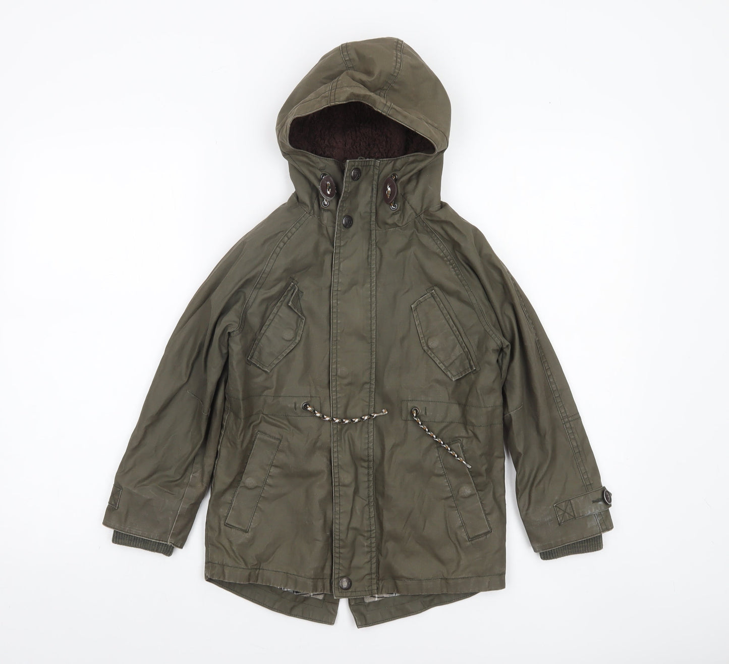 Next Boys Green Hooded Parka Jacket 6 Years Lined Mid-Length Cotton Winter Coat