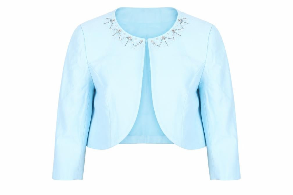 Precis Women Blue Cropped Suit Jacket Size 18 Beaded Linen Blend