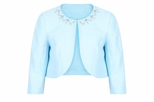 Precis Women Blue Cropped Suit Jacket Size 18 Beaded Linen Blend