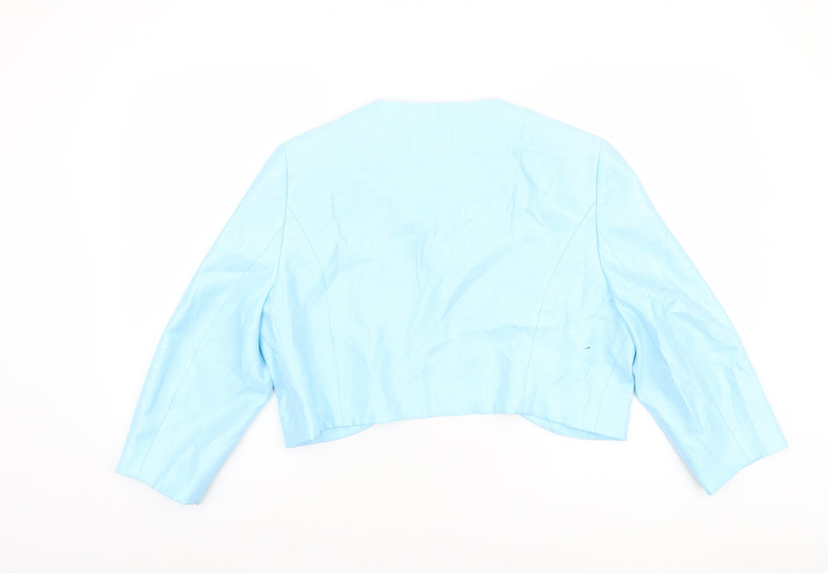Precis Women Blue Cropped Suit Jacket Size 18 Beaded Linen Blend