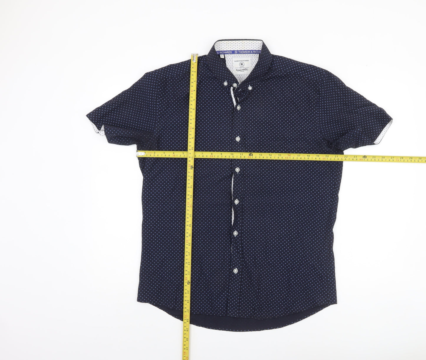 Thomson & Richards Men's Blue Polka Dot Short Sleeve Button-Up Shirt L