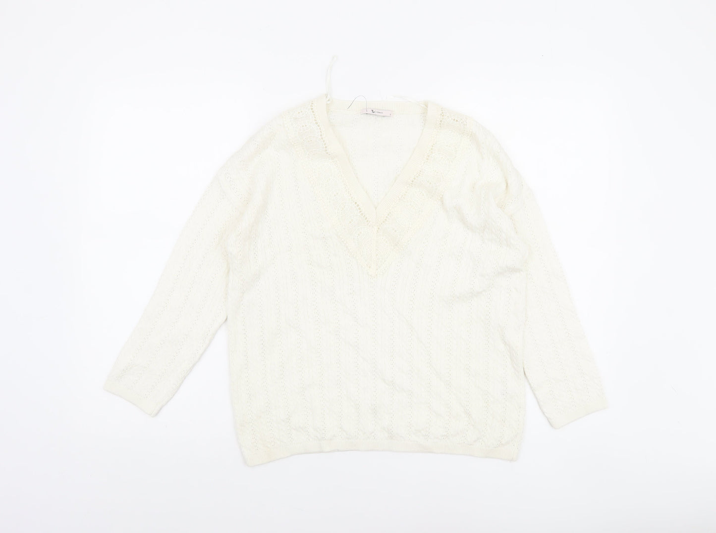 Tu Women’s Ivory V-Neck Cable Knit Jumper Size 8