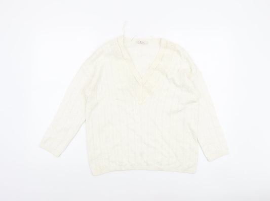 Tu Women’s Ivory V-Neck Cable Knit Jumper Size 8