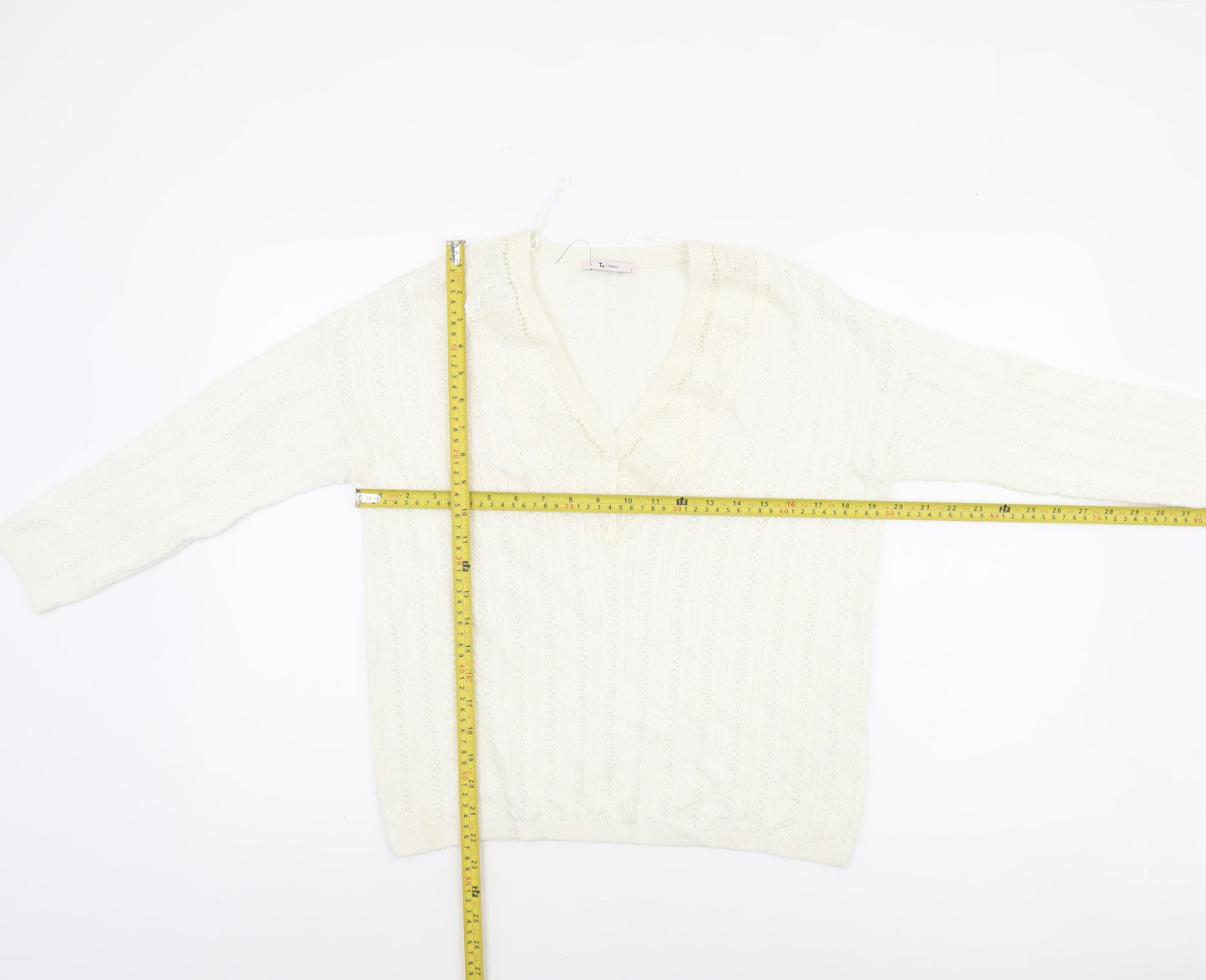 Tu Women’s Ivory V-Neck Cable Knit Jumper Size 8