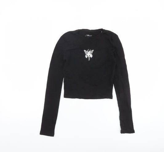 Mavi Womens Black XS Cropped Long Sleeve Butterfly T-Shirt