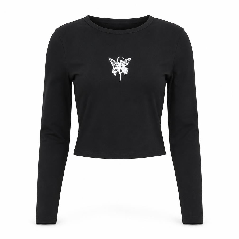 Mavi Womens Black XS Cropped Long Sleeve Butterfly T-Shirt