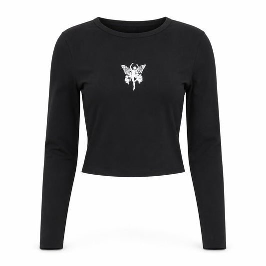 Mavi Womens Black XS Cropped Long Sleeve Butterfly T-Shirt