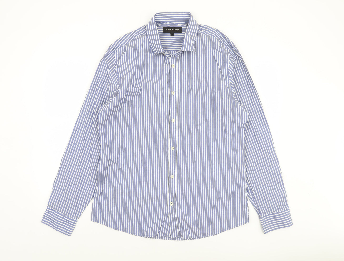River Island Men’s Blue Striped Long Sleeve Cotton Button-Up Shirt Size L