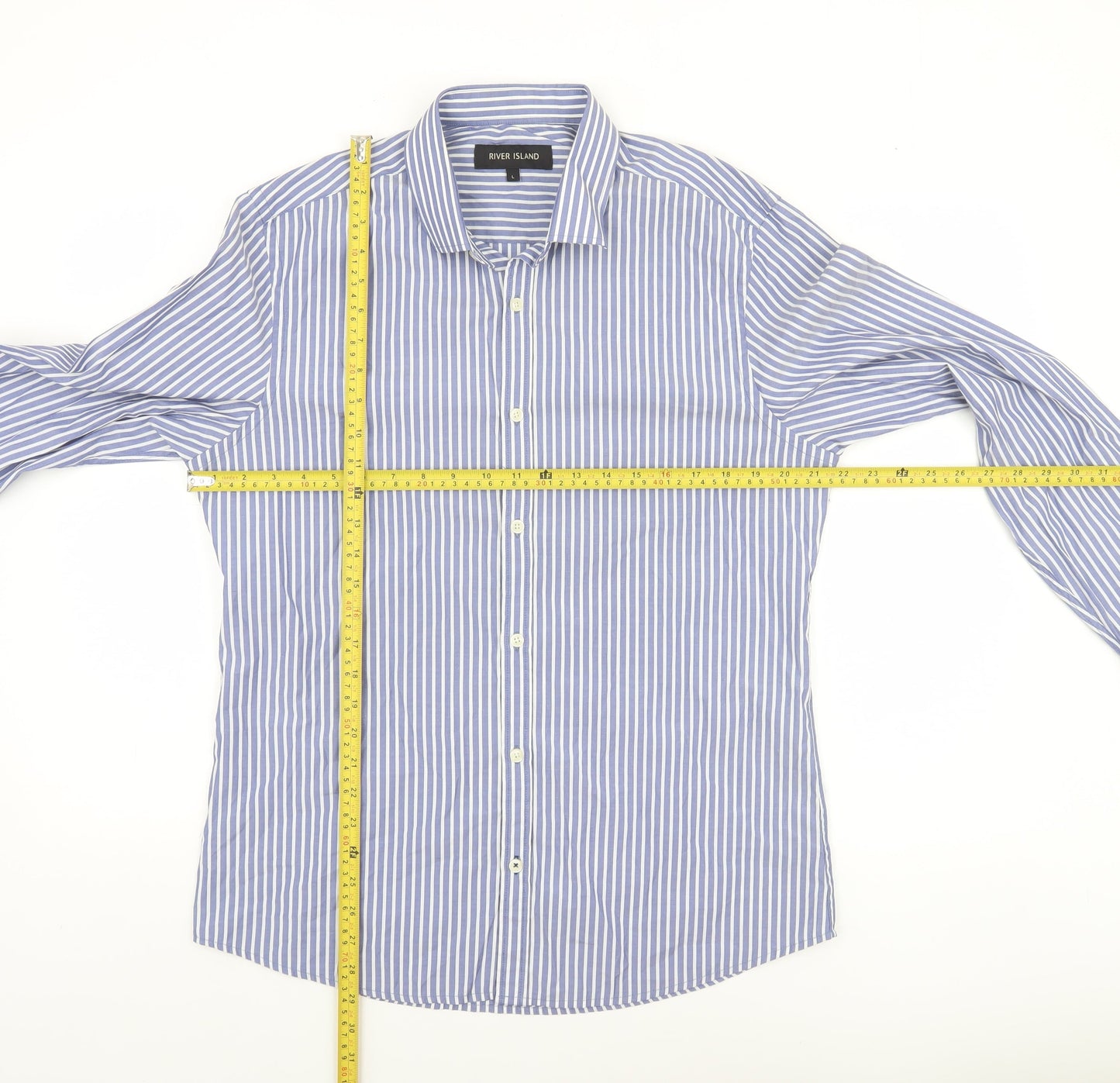 River Island Men’s Blue Striped Long Sleeve Cotton Button-Up Shirt Size L